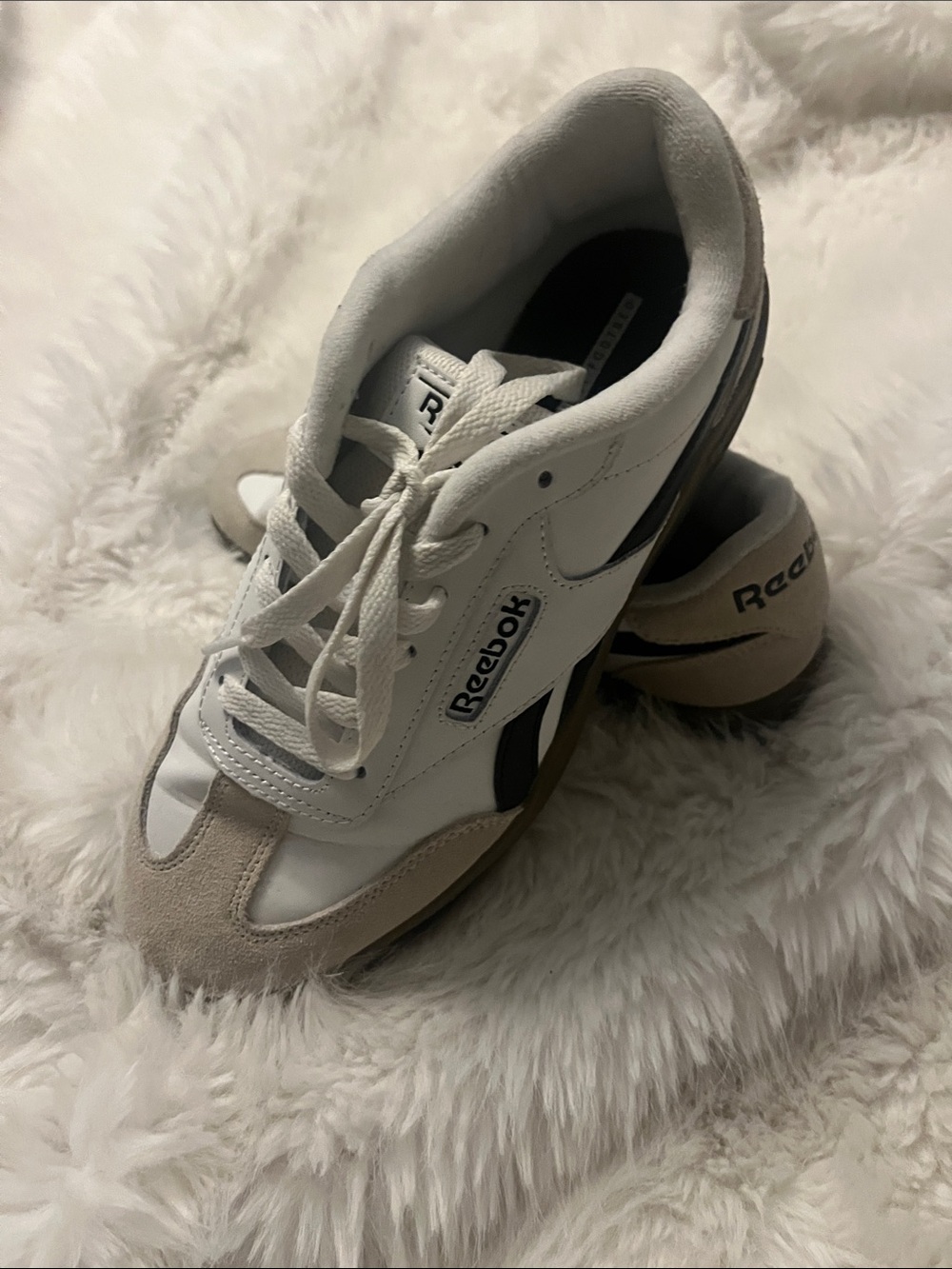 Reebok Women’s White and Beige Leather Sneakers with Navy Accents